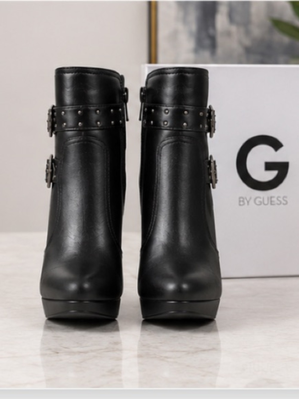 GUESS Black Studded Buckle Platform Booties